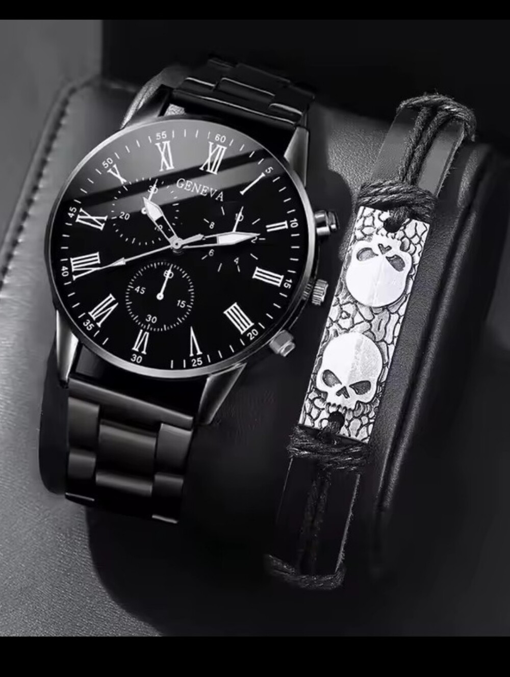 Men's Watch bracelet Set Leather Black Skeleton Geneva Jewelry New G35